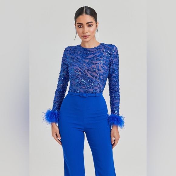 NADINE MERABI Blue Sequin Jumpsuit - Picture 1 of 4